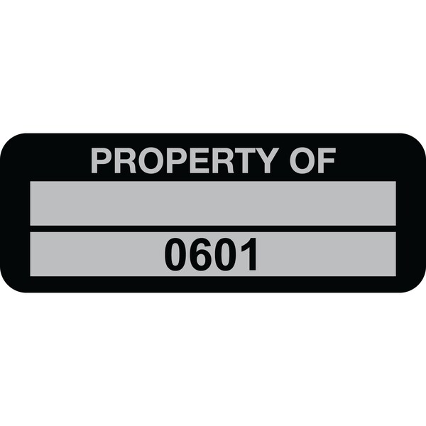 Lustre-Cal Property ID Label PROPERTY OF 5 Alum Black 2in x 0.75in 1 Blank Pad & Serialized 0601-0700, 100PK 253740Ma2K0601 - main